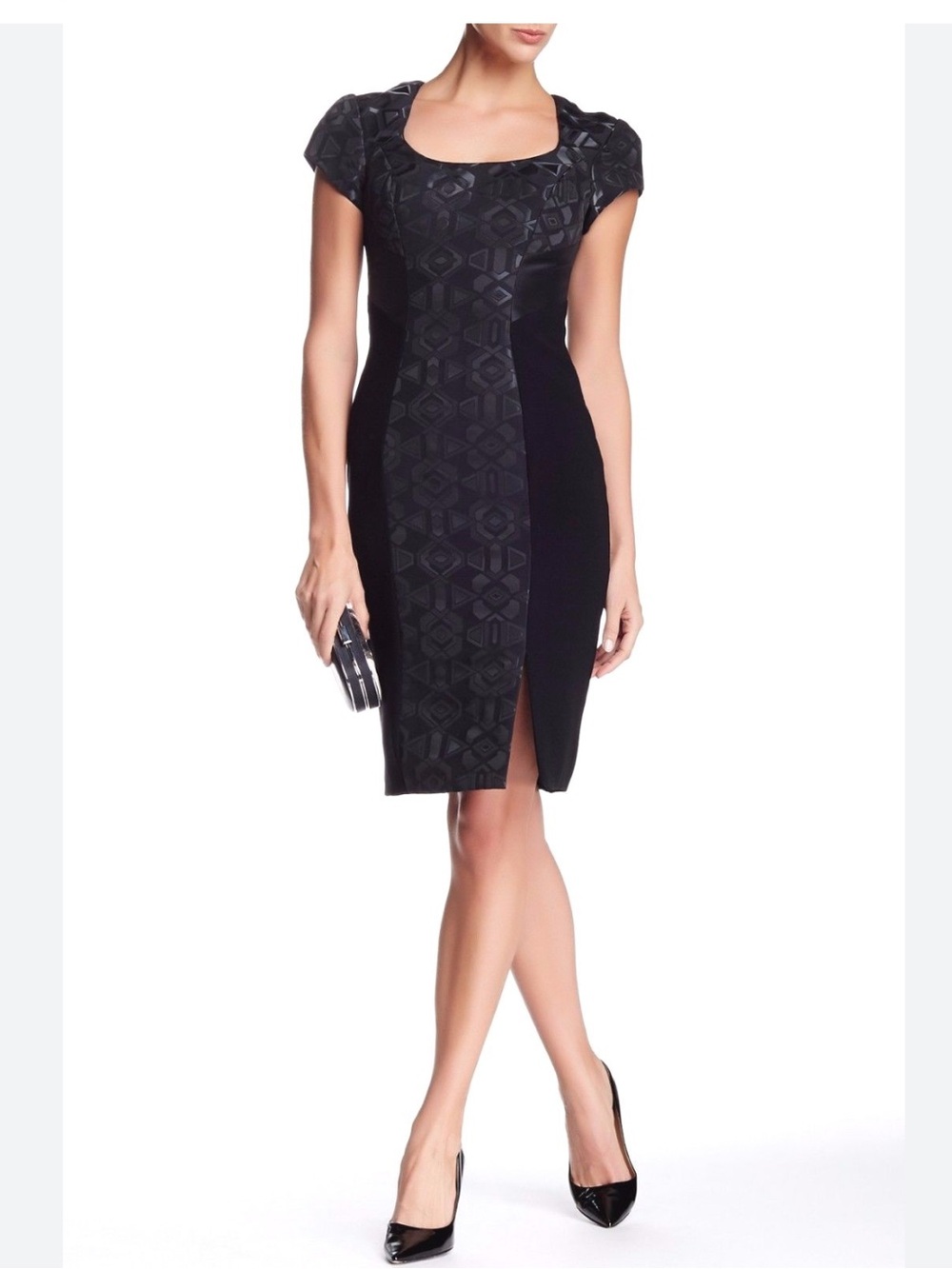 Theia Black Geometric Jacquard Black Cocktail Dress Size 4 Cut Out Cap Sleeve